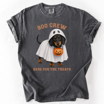 Black & Tan Dachshund Boo Crew Halloween Shirt, Here for the Treats Dog Mom Tee