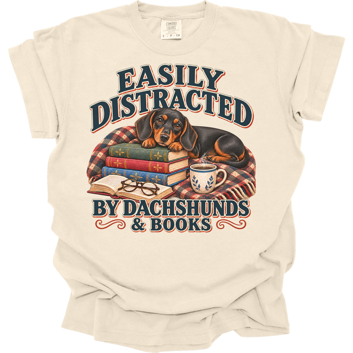 Black Tan Dachshund Shirt, Easily Distracted by Dachshunds and Books, Doxie Book Lover Tee