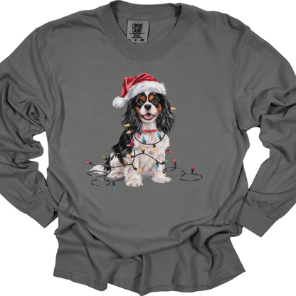 Tricolor Cavalier Christmas Long Sleeve Shirt, Comfort Colors Holiday Tee, Cavalier King Charles Spaniel Mom Gift