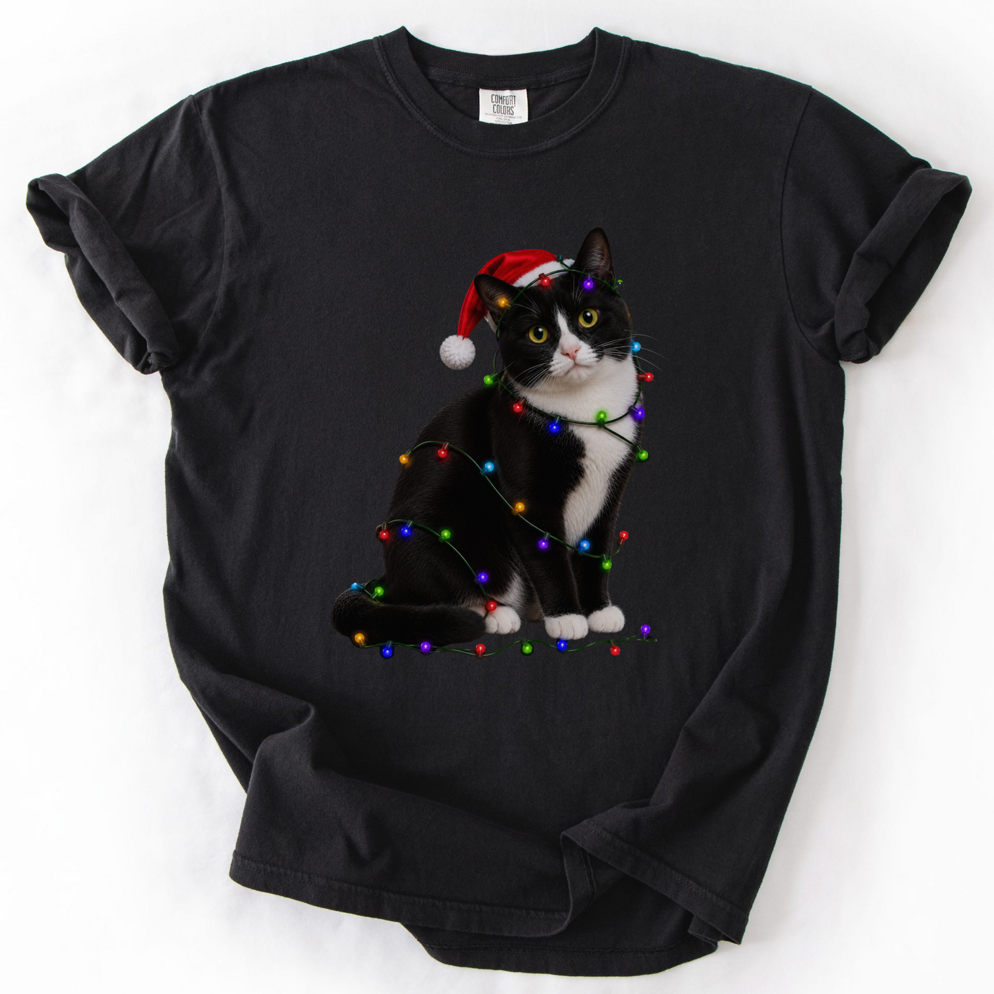 Tuxedo Cat Christmas Lights Shirt, Comfort Colors Holiday Cat Lover Tee