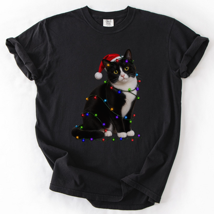 Tuxedo Cat Christmas Lights Shirt, Comfort Colors Holiday Cat Lover Tee