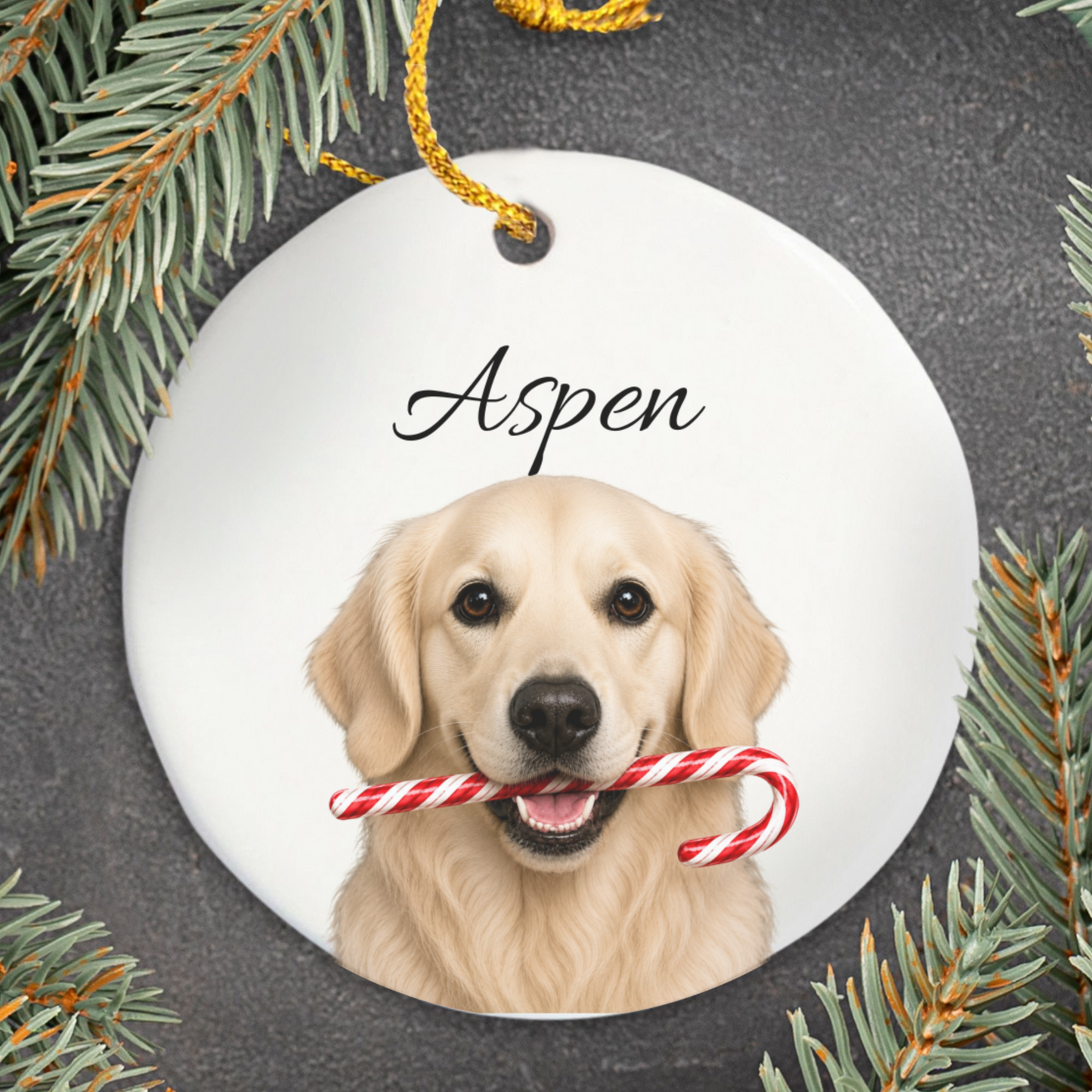 Personalized English Cream Golden Retriever Candy Cane Ornament