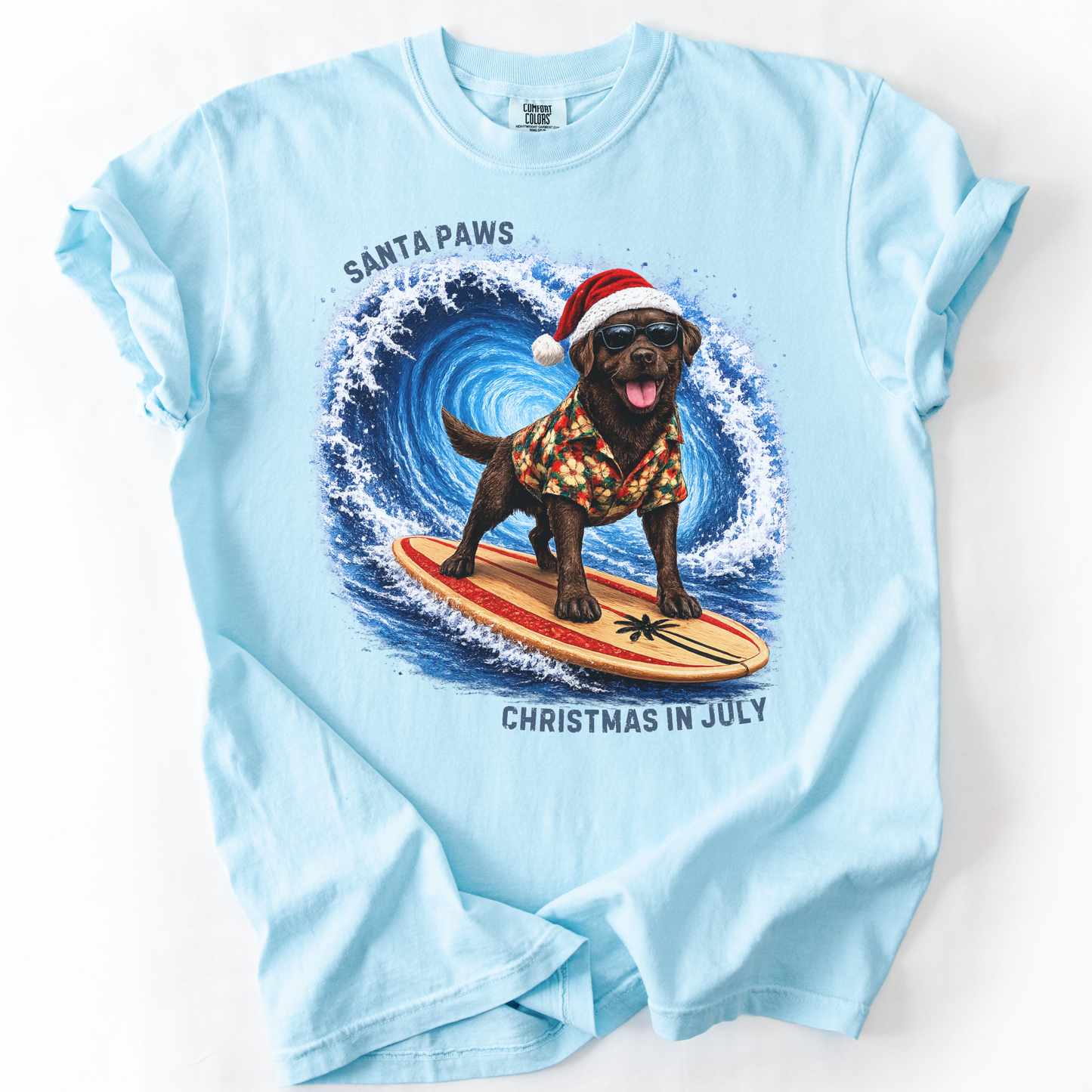 Christmas in July Gift for Chocolate Lab Lovers, Santa Paws Beach Shirt