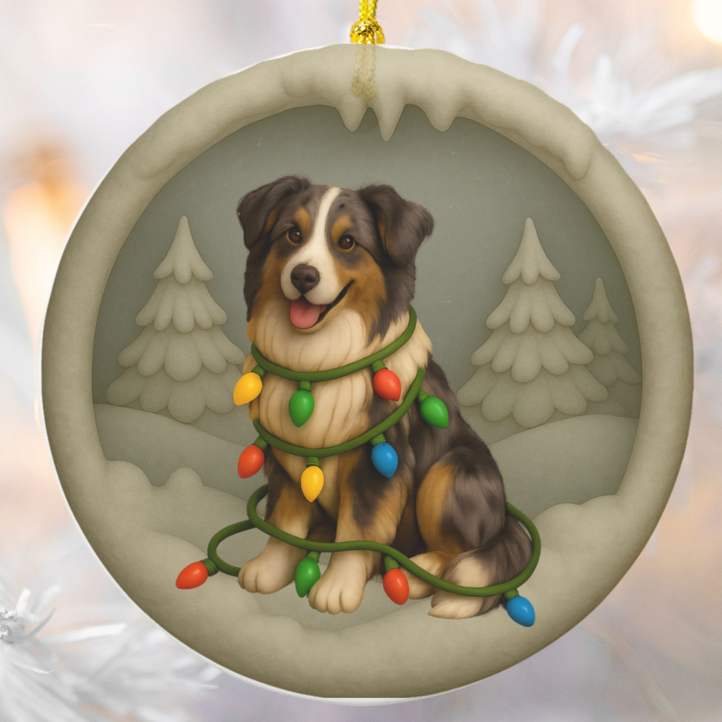 Personalizable Australian Shepherd Christmas Ornament, Custom Aussie with Holiday Lights Keepsake