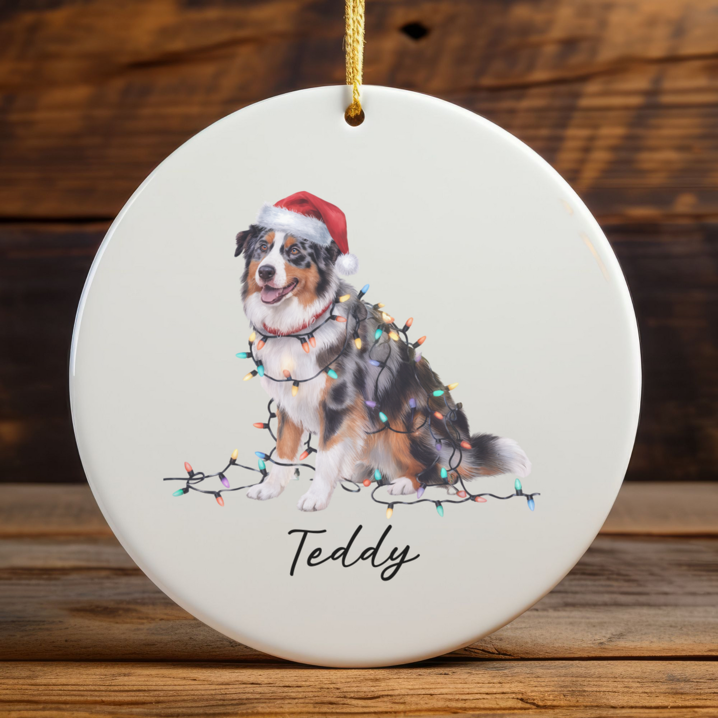 Personalized Australian Shepherd Christmas Ornament, Ceramic Dog Decor, Holiday Lights