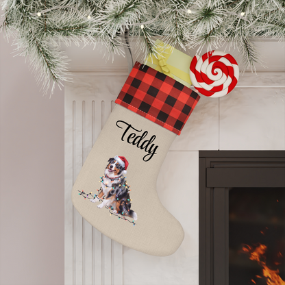 Personalized Christmas Australian Shepherd Stocking, Xmas Decor, Plaid Cuff Holiday Stocking