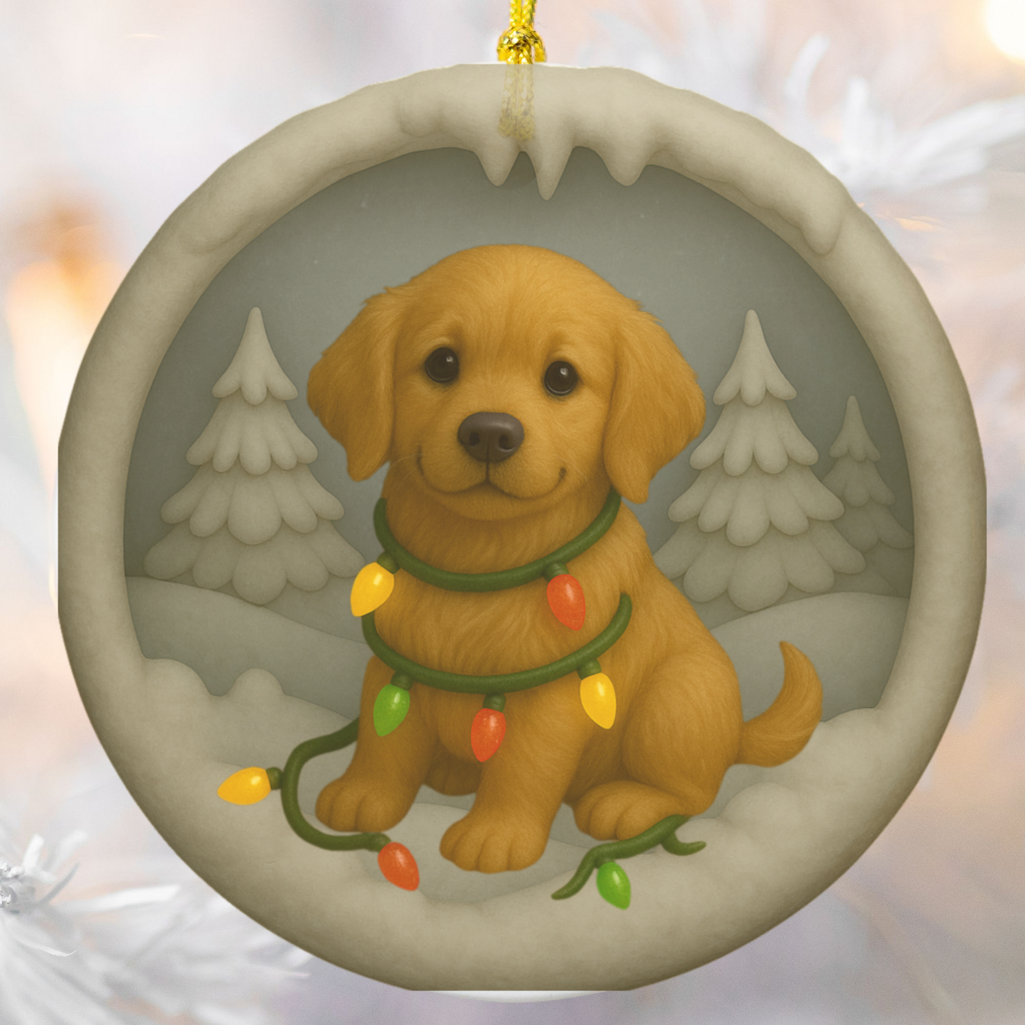 Personalized Golden Retriever Christmas Ornament, 3D Clay-Style Dog Keepsake with Lights