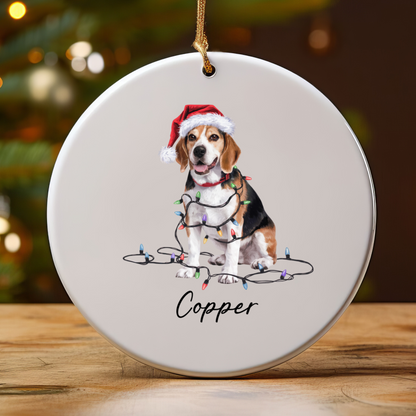 Personalized Beagle Christmas Ornament, Ceramic Dog Holiday Keepsake, Santa Hat Lights Beagle