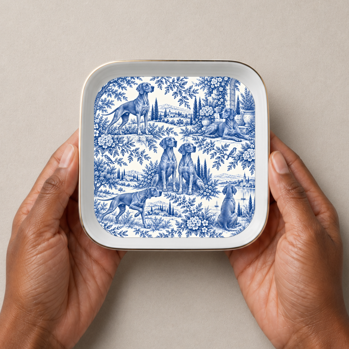 Vizsla Jewelry Dish, Blue Toile Dog Ring Dish, Vizsla Mom Gift, Ceramic Trinket Tray