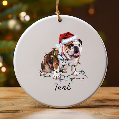 Personalized Bulldog Christmas Ornament, Ceramic Dog Lover Keepsake, Festive Lights Decoration