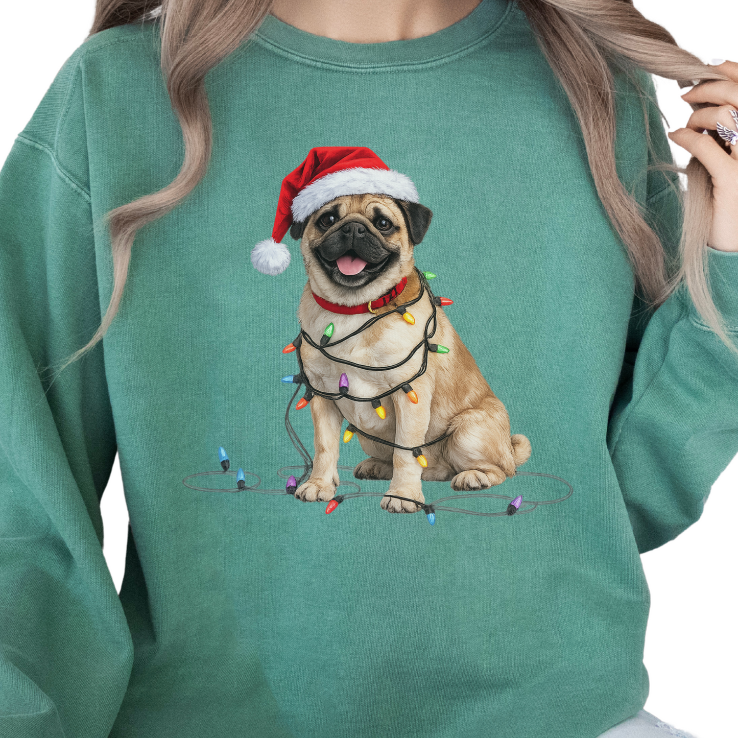 Christmas Tan Pug Sweatshirt, Lights Dog Sweater, Pug Mom Holiday Apparel