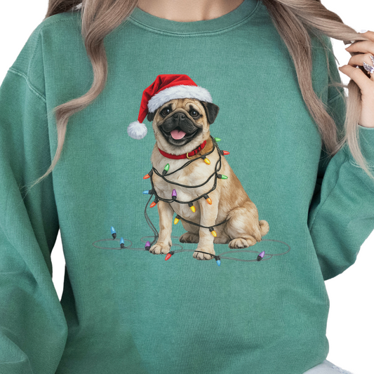 Christmas Tan Pug Sweatshirt, Lights Dog Sweater, Pug Mom Holiday Apparel