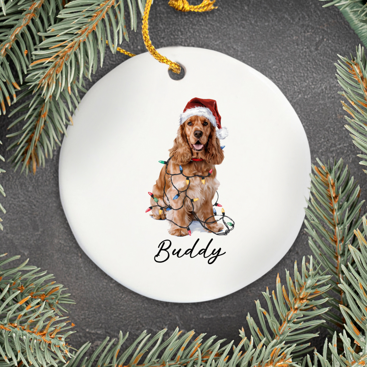 Cocker Spaniel Christmas Ornament, Personalized Dog Ornament, Custom Pet Name Holiday Keepsake