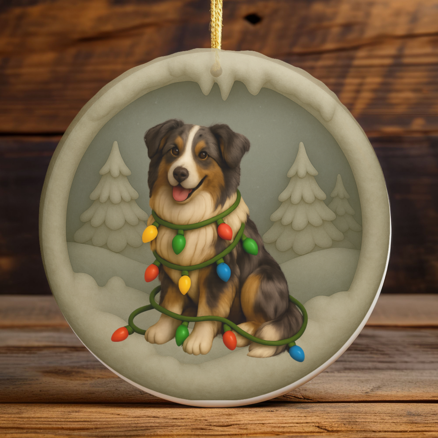 Personalizable Australian Shepherd Christmas Ornament, Custom Aussie with Holiday Lights Keepsake