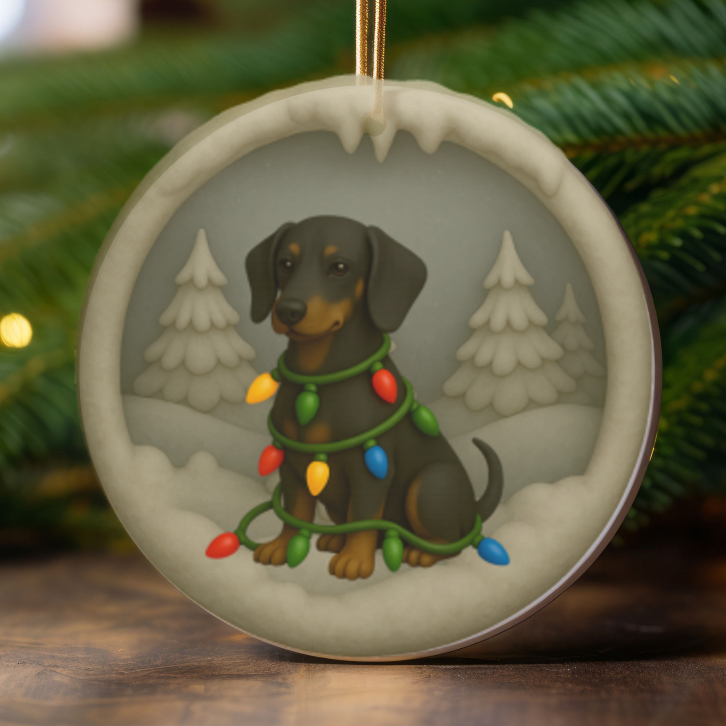 Personalized Black & Tan Dachshund Christmas Ornament, 3D Clay-Style Dog Keepsake with Lights