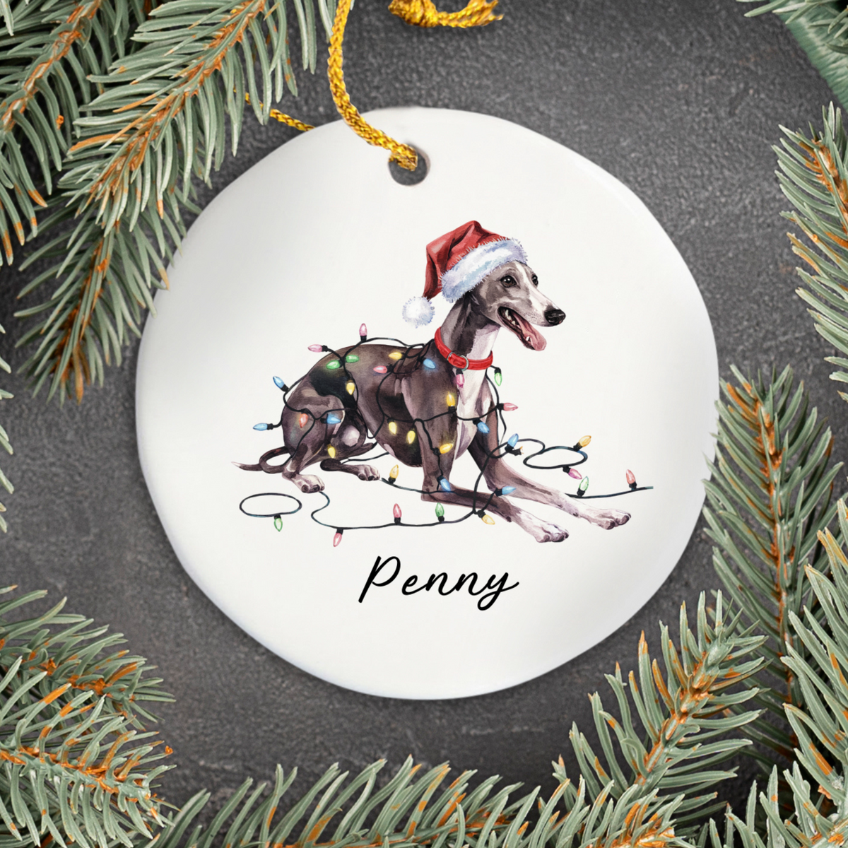 Personalized Greyhound Ornament, Custom Dog Lover Gift, Holiday Pet Keepsake, Christmas Tree Decor, Round Greyhound Ornament