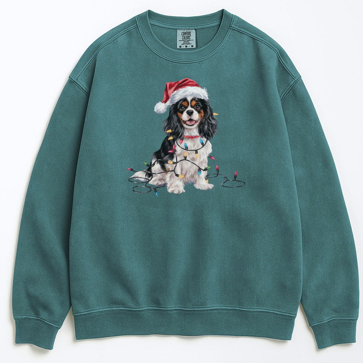 Tri-color Cavalier Christmas Sweatshirt, Holiday Dog Lover Gift, Cozy Festive Apparel, Santa Hat Spaniel, Pet Parent Sweater