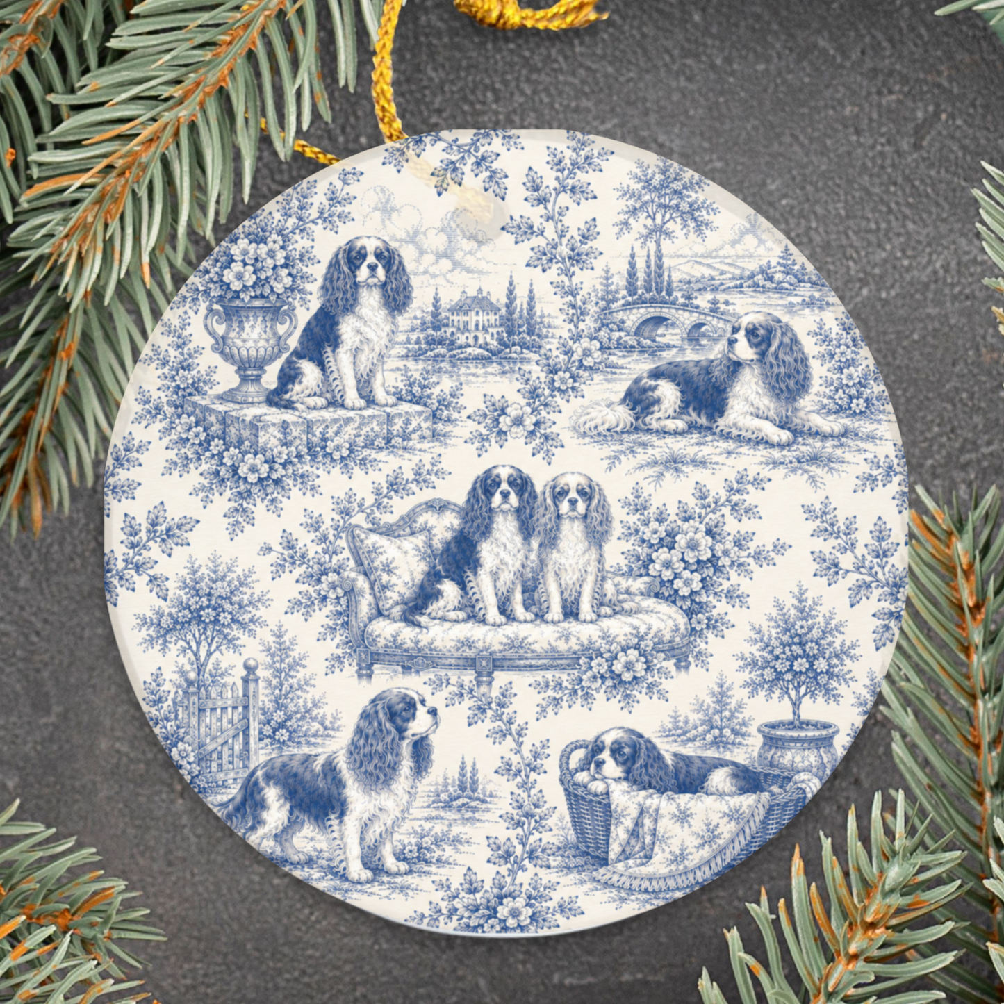Cavalier French Blue Toile Dog Ornament