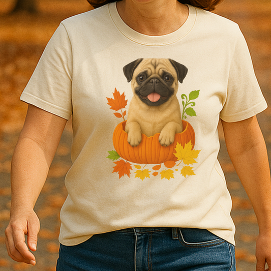 Tan Pug Pumpkin T-Shirt, Cute Fall Dog Shirt for Pug Lovers and Autumn Vibes