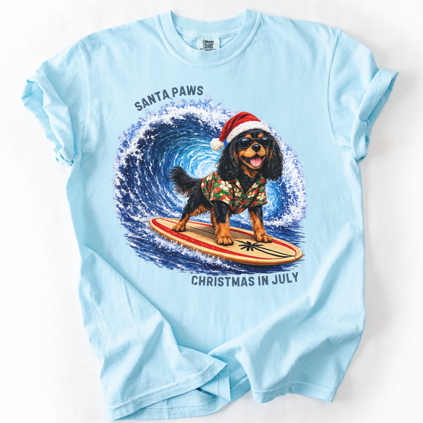 Christmas in July Gift for Black and Tan Cavalier Lovers, Santa Paws Beach Shirt