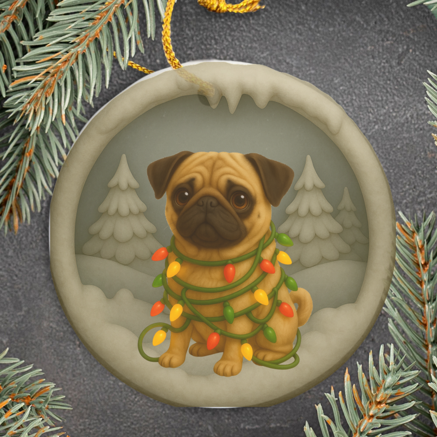 Personalized Tan Pug Christmas Ornament, 3D Clay-Style Dog Keepsake with Lights