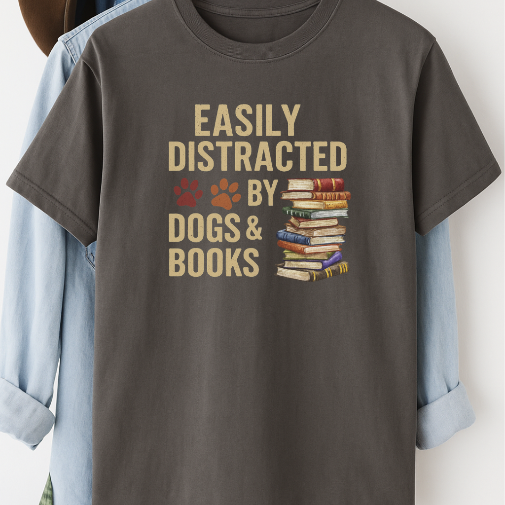 Easily Distracted by Dogs and Books Shirt Dog Lover Bookworm Tee Funny Dog Mom Gift Pet and Book Lover T-Shirt