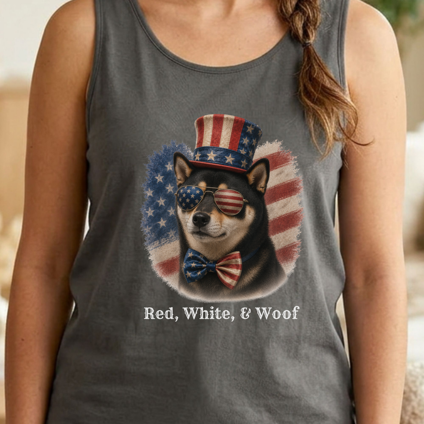 Patriotic Black Shiba Inu Tank Top, Red White & Woof