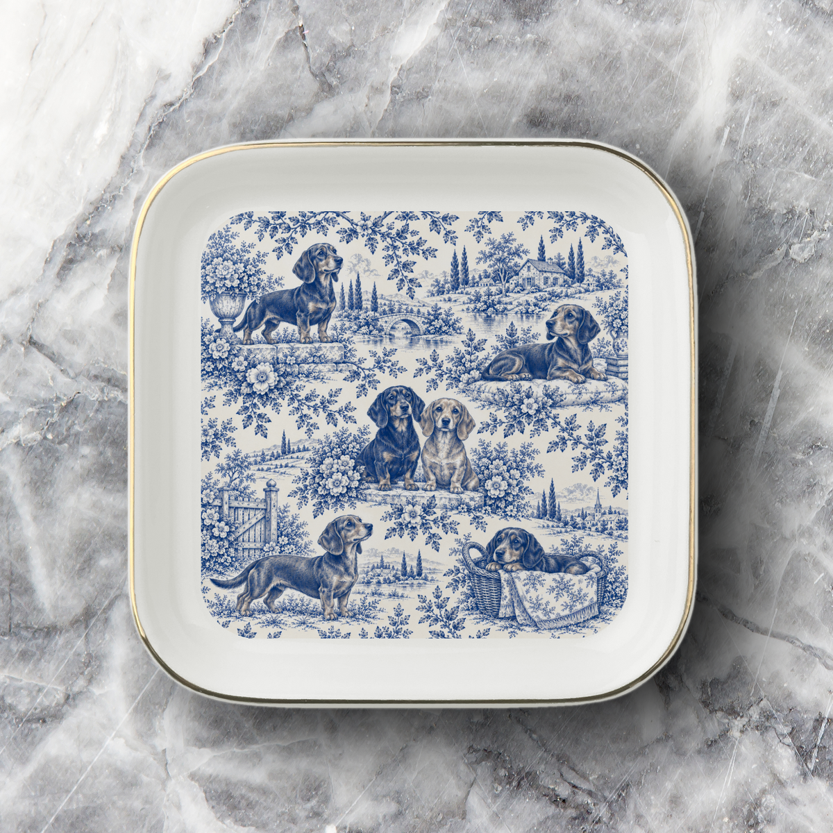 Dachshund Jewelry Dish, Blue Toile Dog Ring Dish, Doxie Lover Gift, Ceramic Trinket Tray