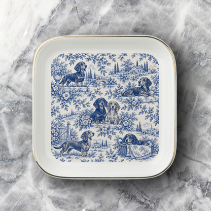 Dachshund Jewelry Dish, Blue Toile Dog Ring Dish, Doxie Lover Gift, Ceramic Trinket Tray