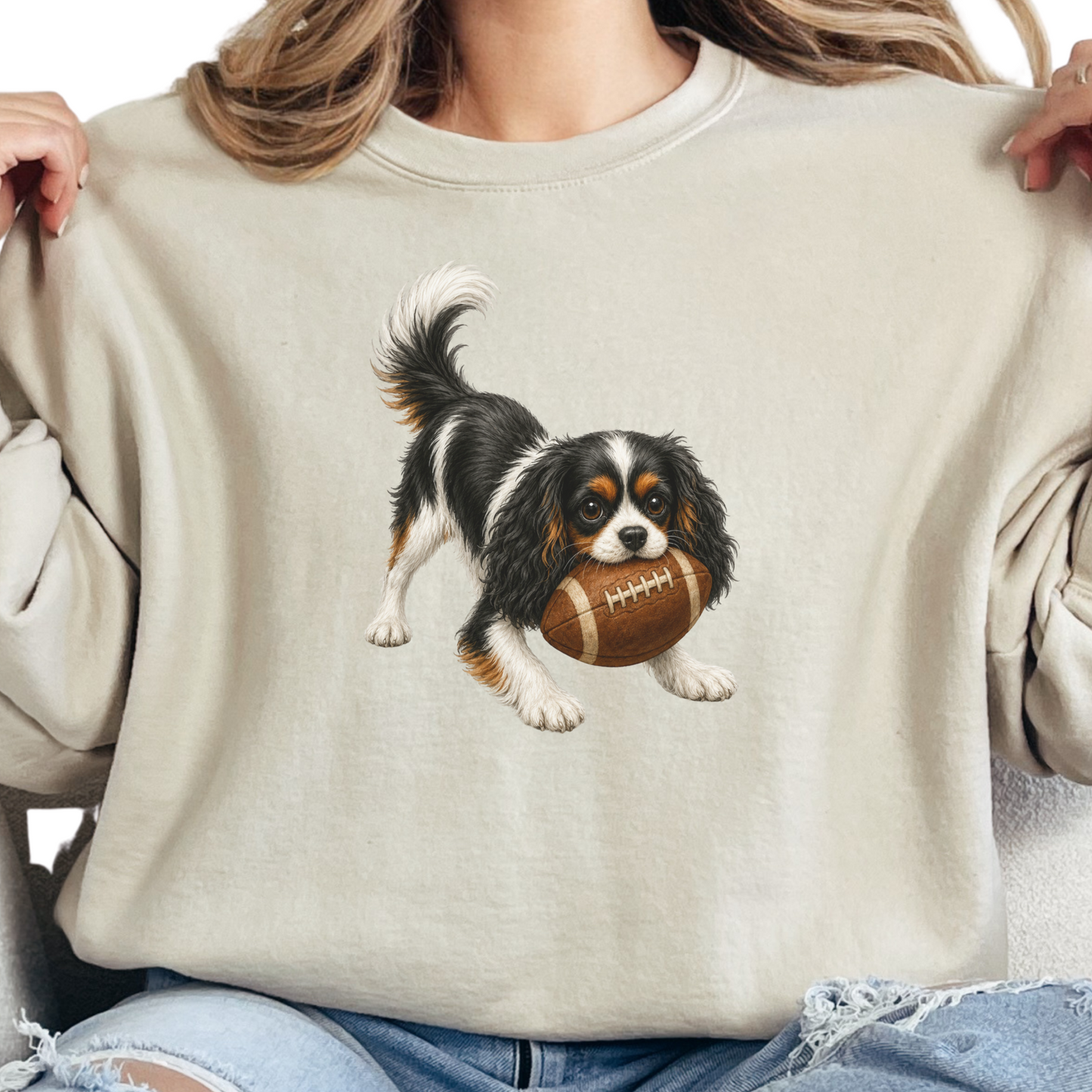 Tricolor Cavalier King Charles Spaniel Football Sweatshirt, Cute Game Day Crewneck for Pet Owners