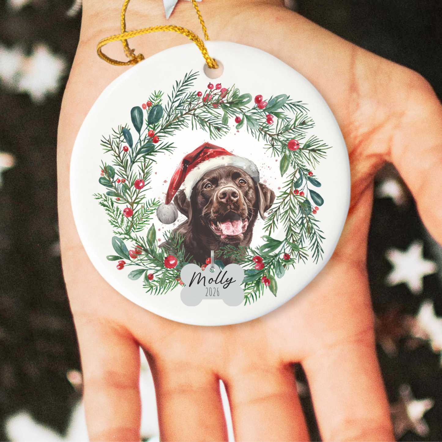 Personalized Chocolate Lab Wreath Ornament