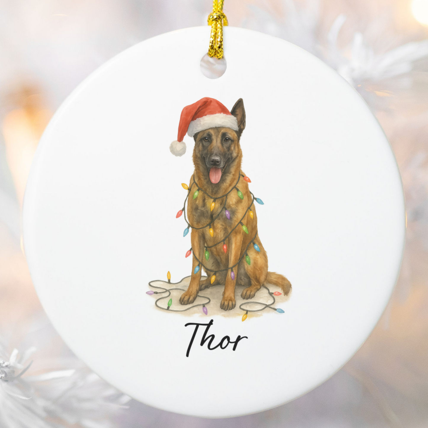 Personalized Belgian Malinois Dog Christmas Ornament, Ceramic Pet Decor, Santa Hat Lights