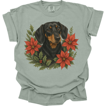 Black and Tan Dachshund Christmas Shirt, Poinsettia Dog Mom Holiday Tee