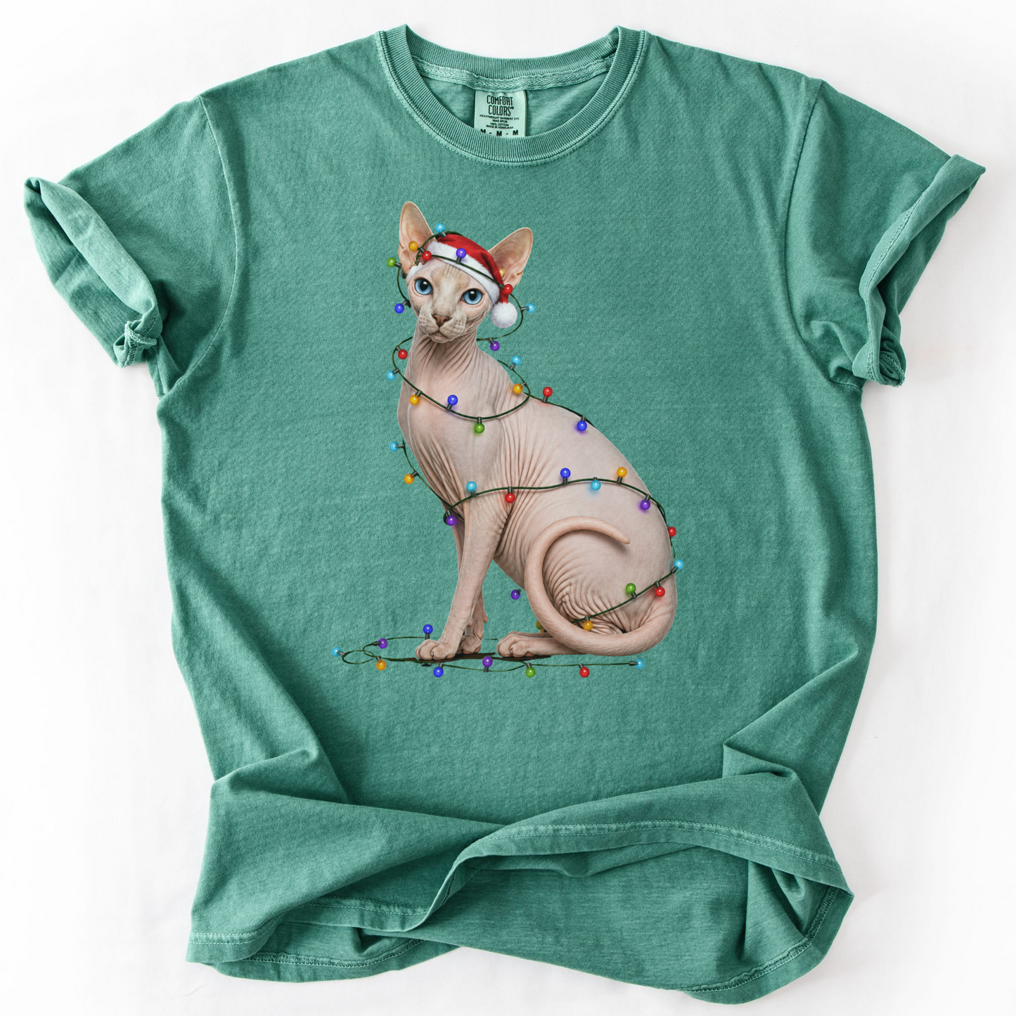 Sphynx Cat Christmas Lights Shirt, Comfort Colors Holiday Cat Lover Tee