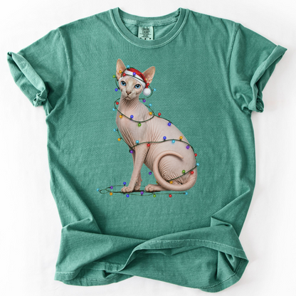Sphynx Cat Christmas Lights Shirt, Comfort Colors Holiday Cat Lover Tee