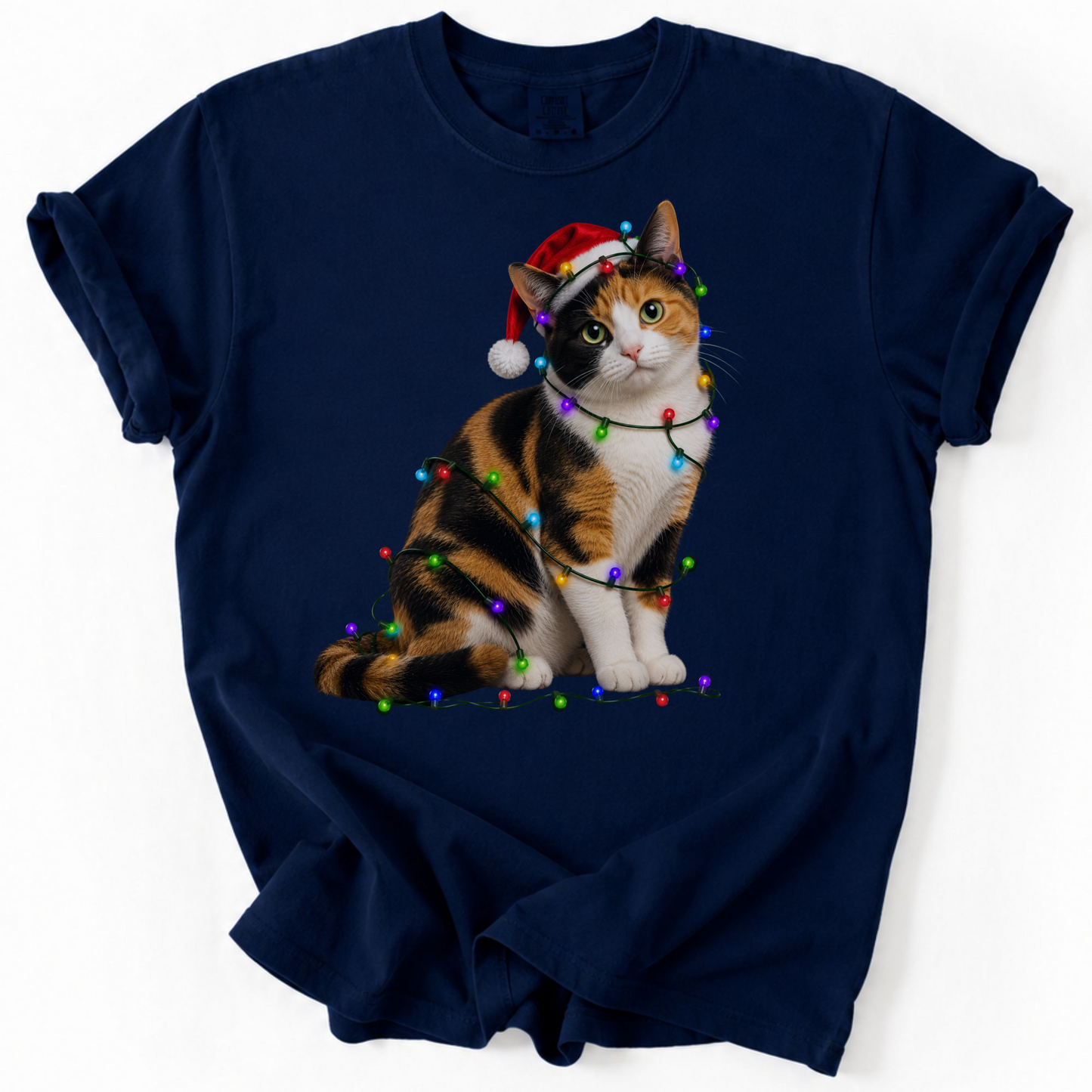 Calico Cat Christmas Lights Shirt, Comfort Colors Holiday Cat Lover Tee