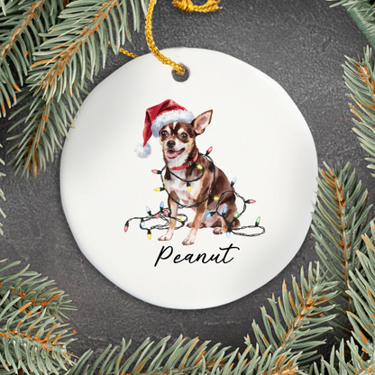 Personalized Black Chihuahua Christmas Ornament, Santa Hat Lights Ceramic Keepsake