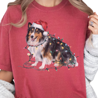 Shetland Sheepdog Christmas Lights Shirt, Festive Holiday Tee for Sheltie Lovers