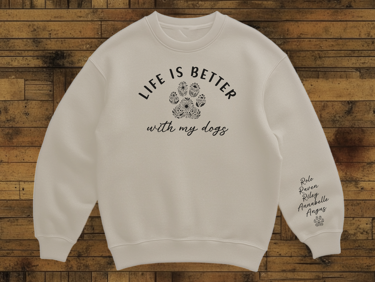 Custom Dog Mom Sweatshirt, Life Is Better with My Dogs, Personalized Pet Names & Paw Print, Dog Lover Gift for Women