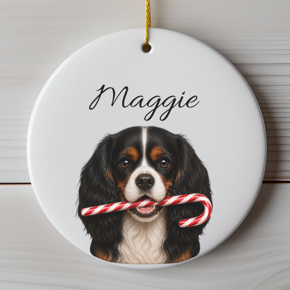 Personalized Tricolor Cavalier Candy Cane Ornament