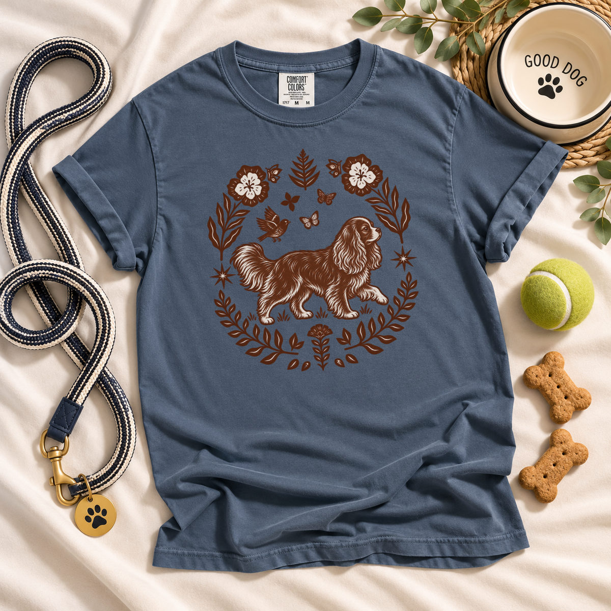 Ruby Cavalier Comfort Colors Shirt, Folk Art King Charles Spaniel Tee, Dog Gift