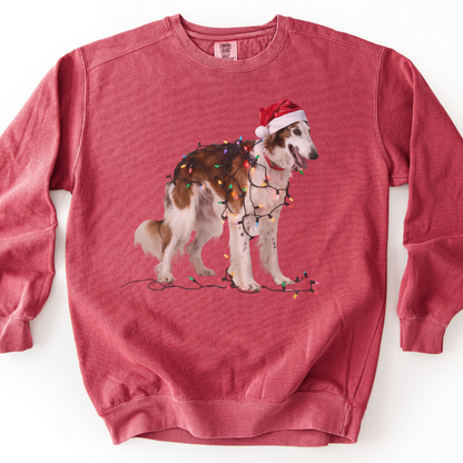 Christmas Borzoi Sweatshirt, Dog Wrapped in Lights, Festive Dog Lover Apparel