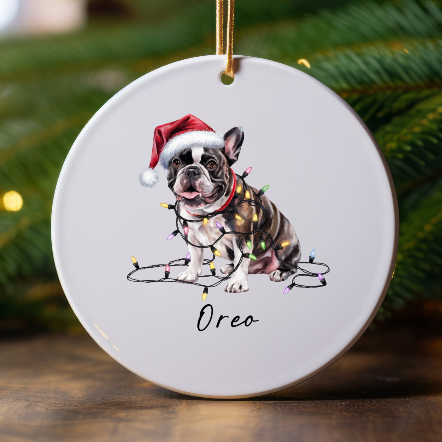 Personalized Black French Bulldog Ceramic Ornament, Dog Christmas Gift, Festive Lights Keepsake