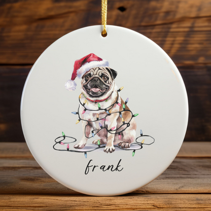 Pug Christmas Ornament, Personalized Tan Pug Keepsake