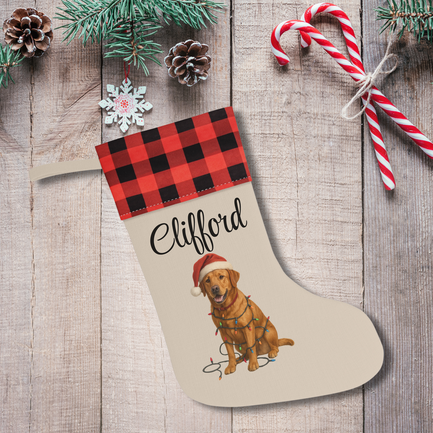 Personalized Fox Red Labrador Retriever Christmas Stocking, Custom Dog Name Holiday Stocking, Labrador Lover Gift, Pet Christmas Decor