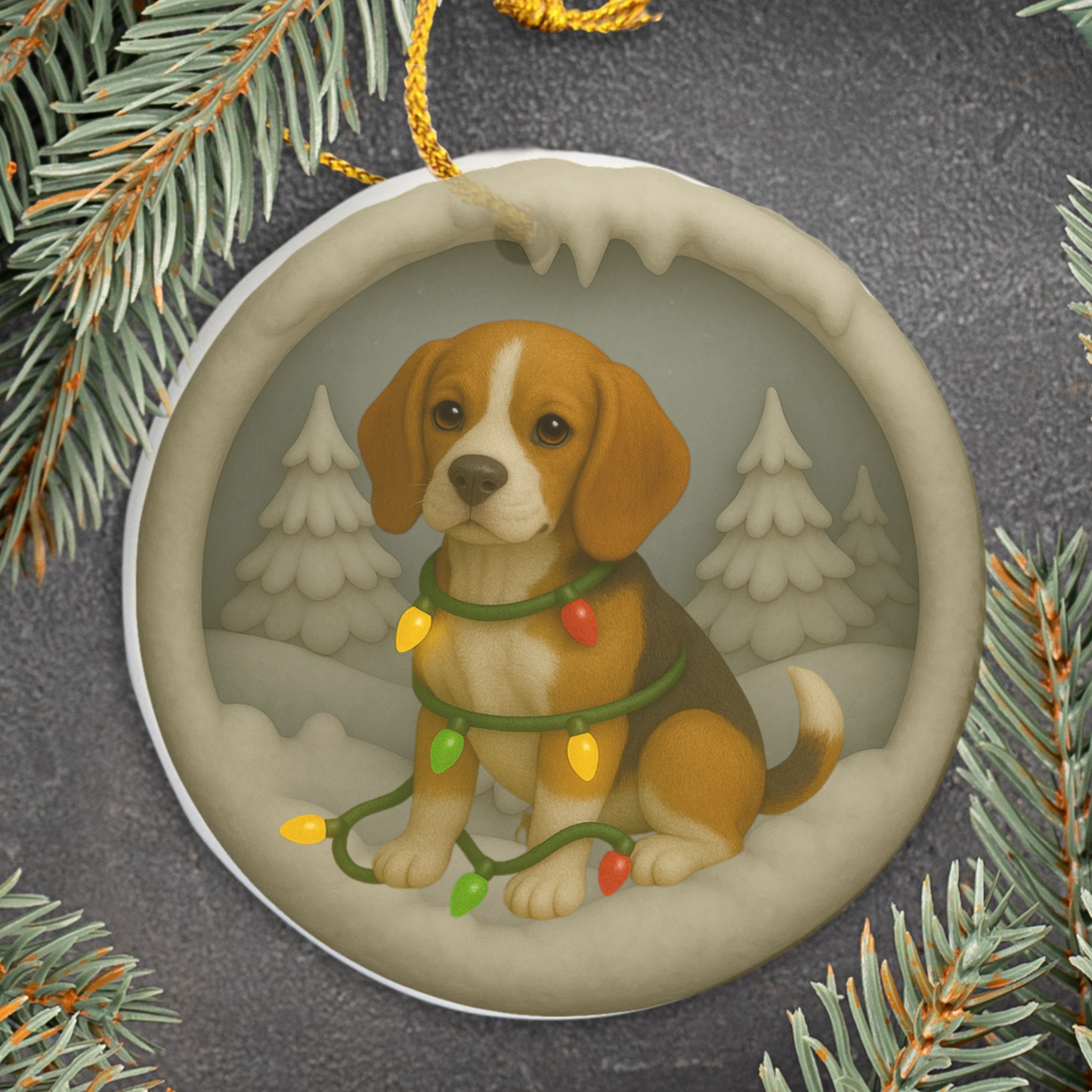 Personalized Beagle Christmas Ornament, Custom Dog with Holiday Lights Keepsake