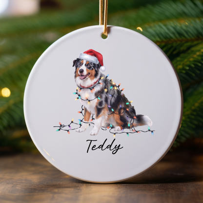 Personalized Australian Shepherd Christmas Ornament, Ceramic Dog Decor, Holiday Lights