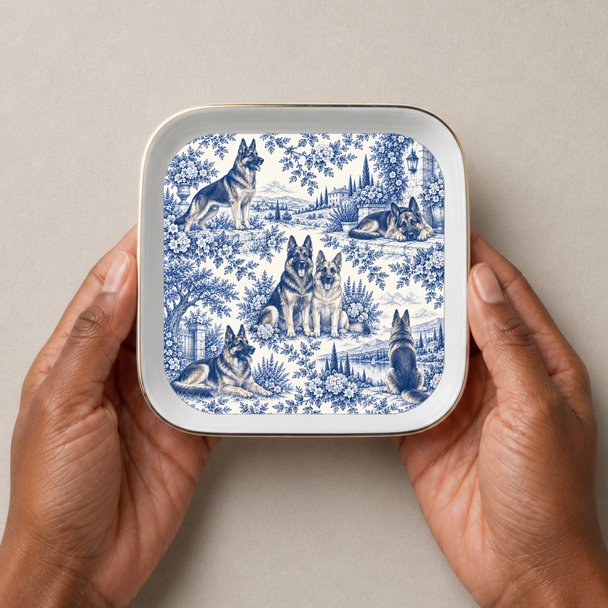 German Shepherd Jewelry Dish, Blue Toile Dog Ring Dish, Shepherd Lover Gift, Trinket Tray