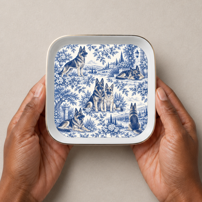 German Shepherd Jewelry Dish, Blue Toile Dog Ring Dish, Shepherd Lover Gift, Trinket Tray
