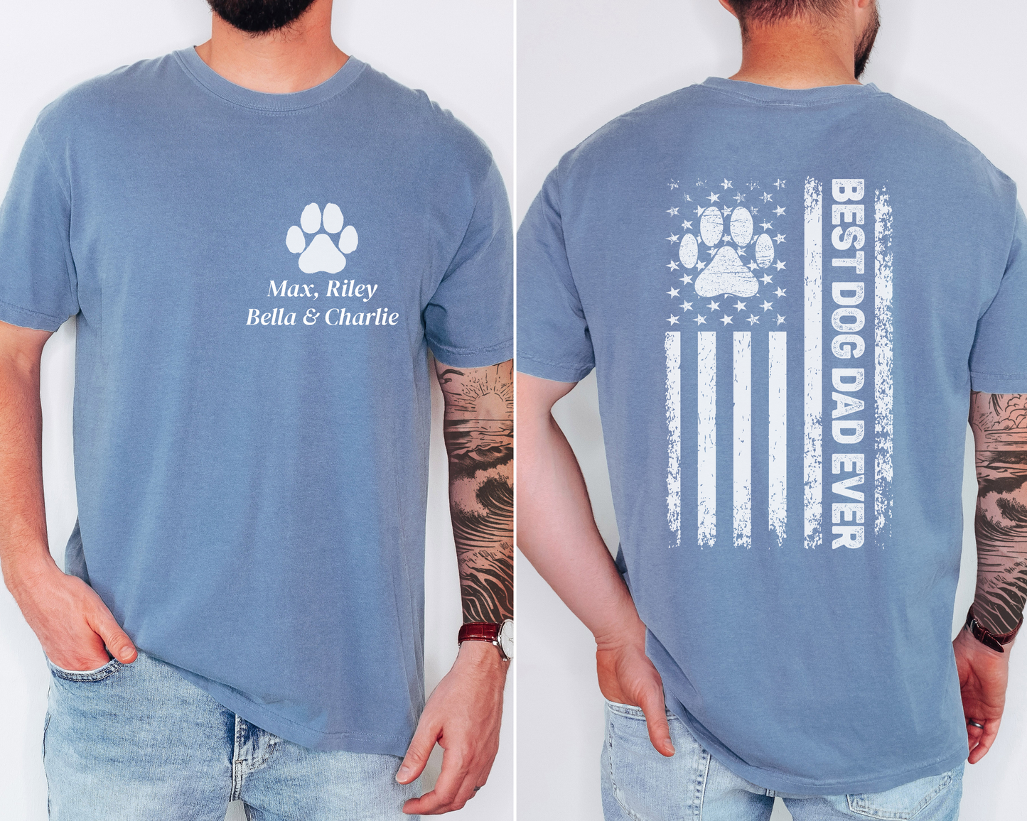 Personalized Best Dog Dad Ever Shirt Custom Paw Print Tee with Dog Names Father’s Day Gift for Dog Lovers